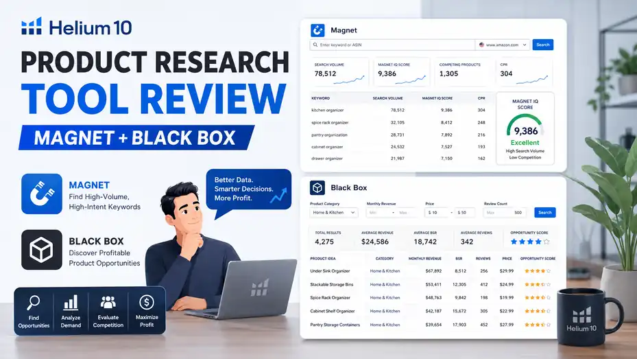An informative illustration about Helium 10 Product Research Tool Review Magnet + Black Box