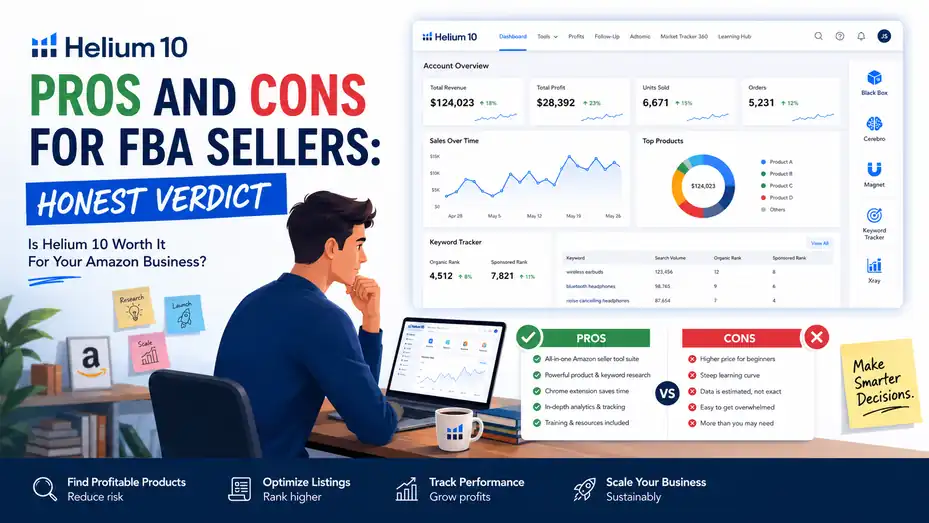 An informative illustration about Helium 10 Pros And Cons For FBA Sellers: Honest Verdict