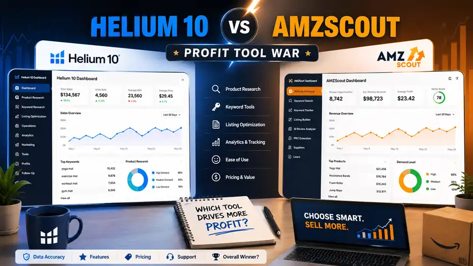 An informative illustration about Helium 10 vs AMZScout Comparison Profit Tool War