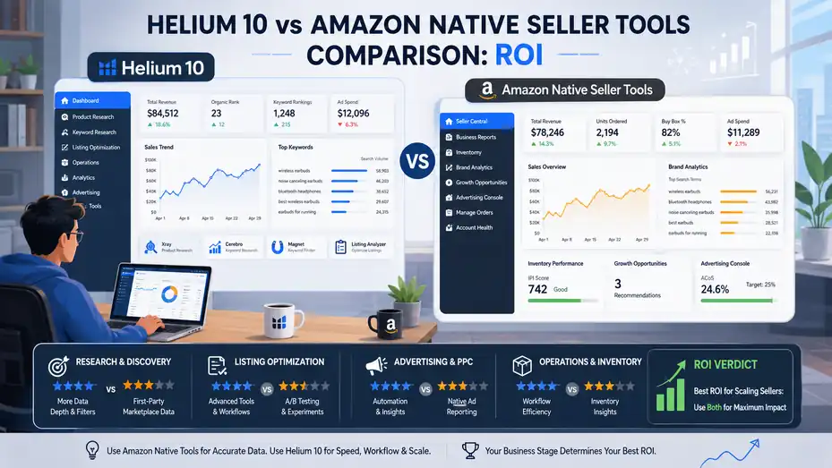 An informative illustration about Helium 10 vs Amazon Native Seller Tools Comparison: ROI