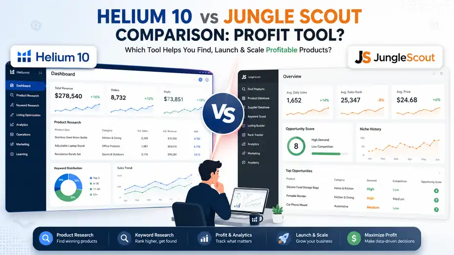 An informative illustration about Helium 10 vs Jungle Scout Comparison Profit Tool