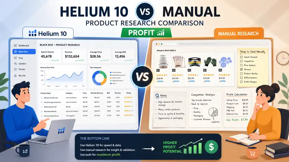 An informative illustration about Helium 10 vs Manual Product Research Comparison: Profit