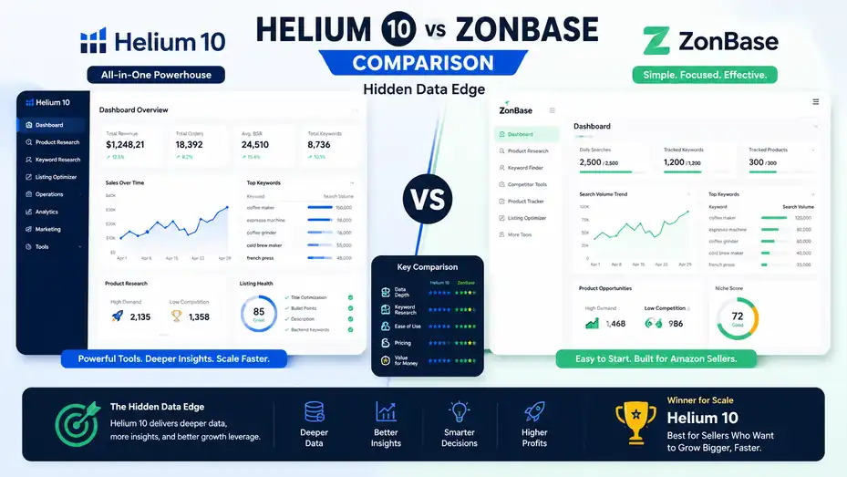 An informative illustration about Helium 10 vs ZonBase Comparison: Hidden Data Edge