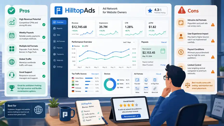 An informative illustration about Hilltopads Pros And Cons For Website Owners: Honest Review