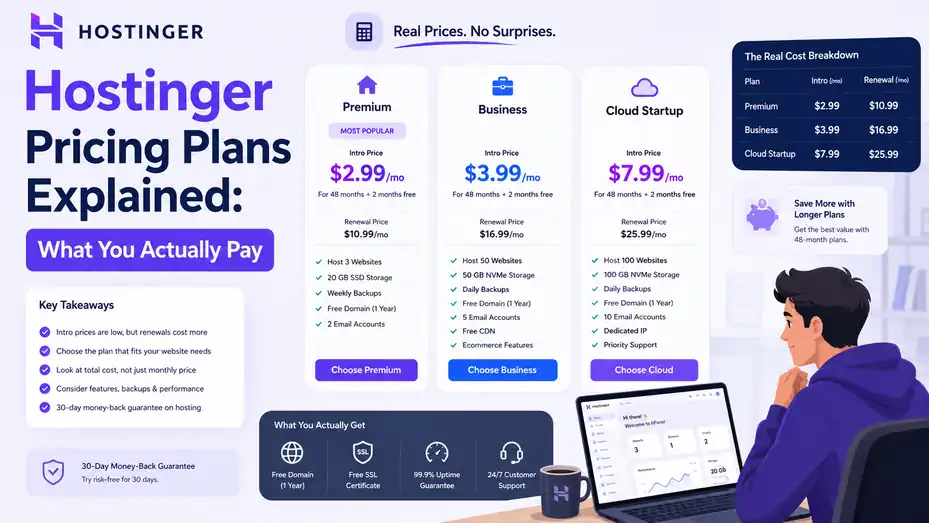 An informative illustration about Hostinger Pricing Plans Explained: What You Actually Pay
