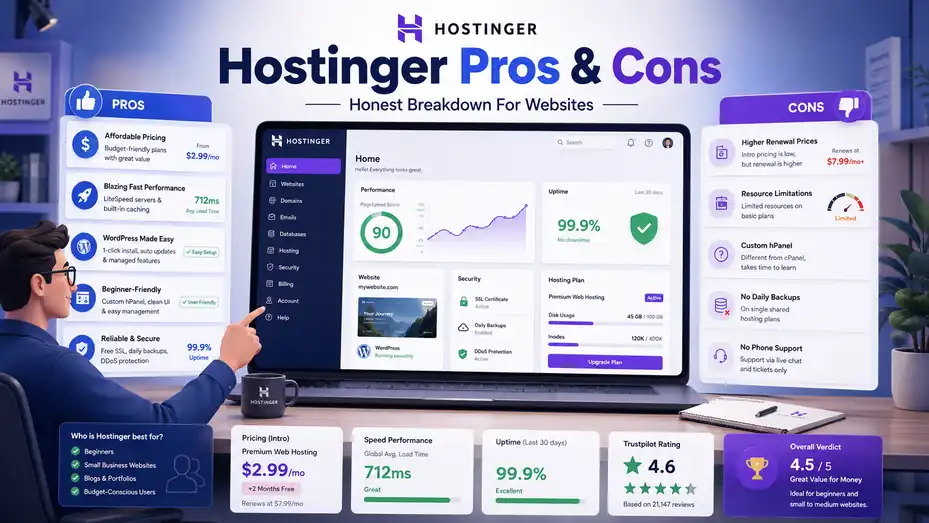 An informative illustration about Hostinger Pros And Cons For Websites: Honest Breakdown