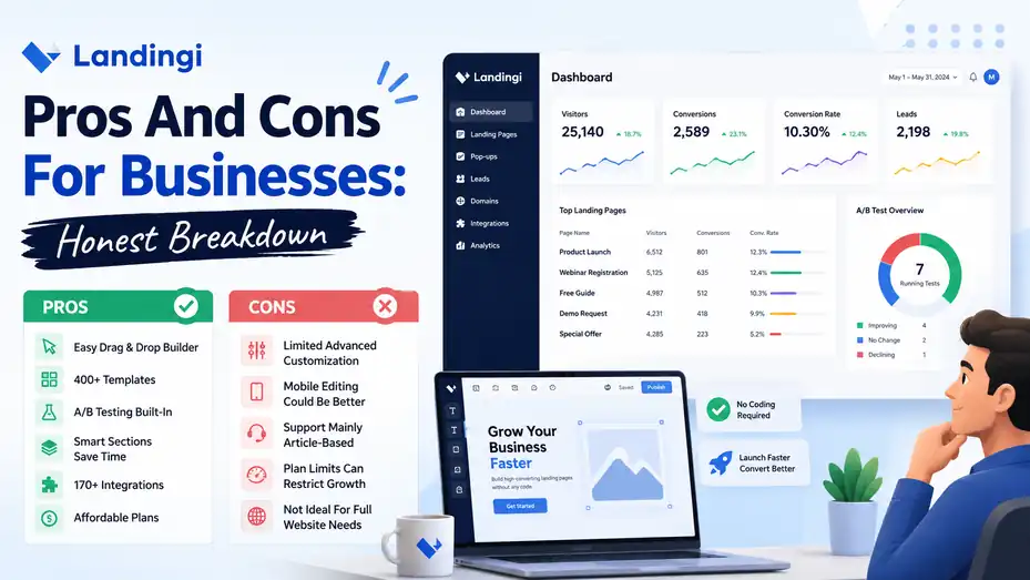 An informative illustration about Landingi Pros And Cons For Businesses Honest Breakdown