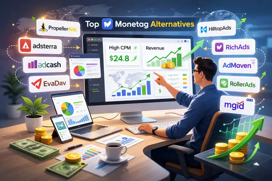 An informative illustration about Monetag Best Alternative Ad Networks: 9 Better Options