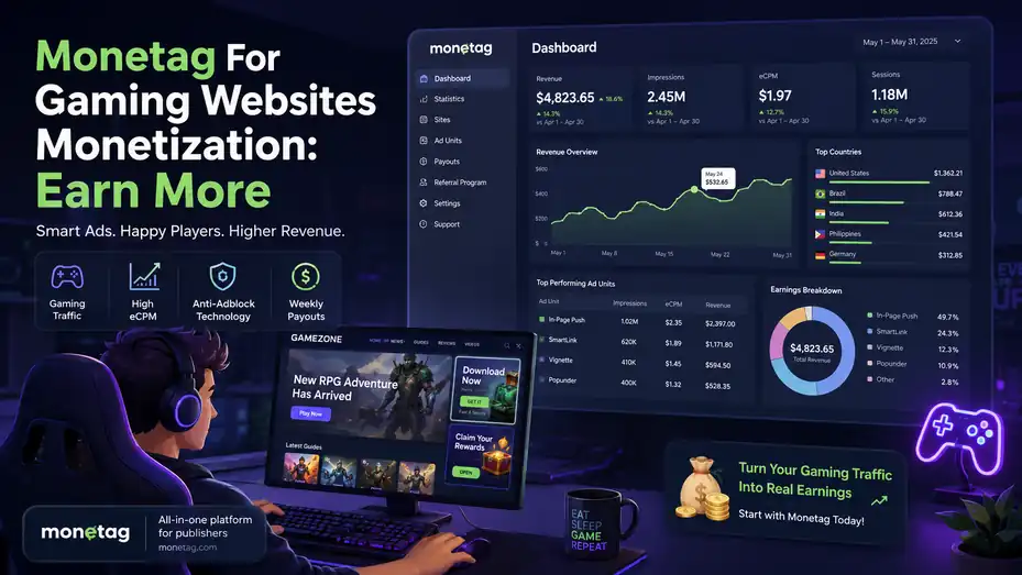 An informative illustration about Monetag For Gaming Websites Monetization: Earn More