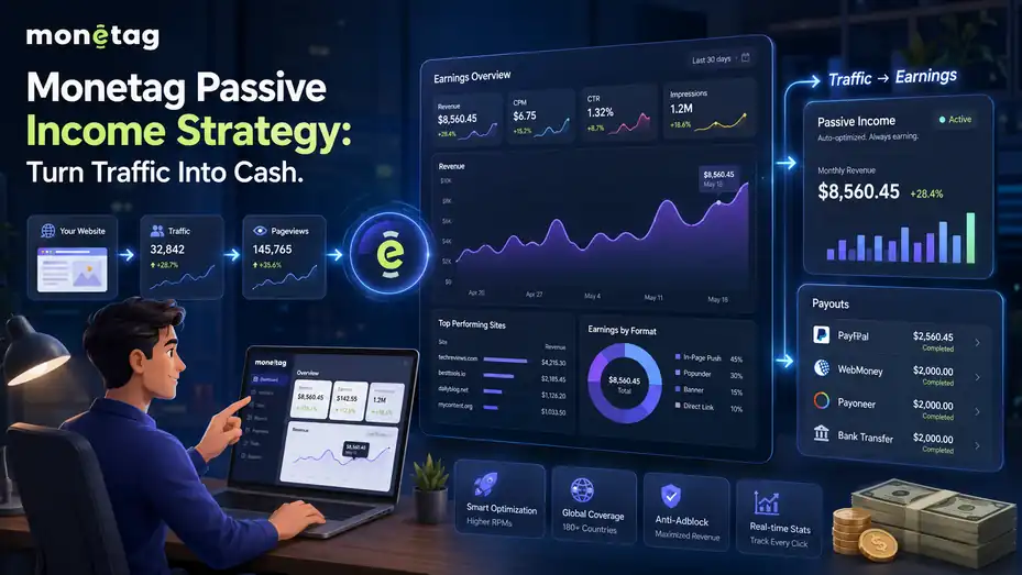 An informative illustration about Monetag Passive Income Strategy: Turn Traffic Into Cash