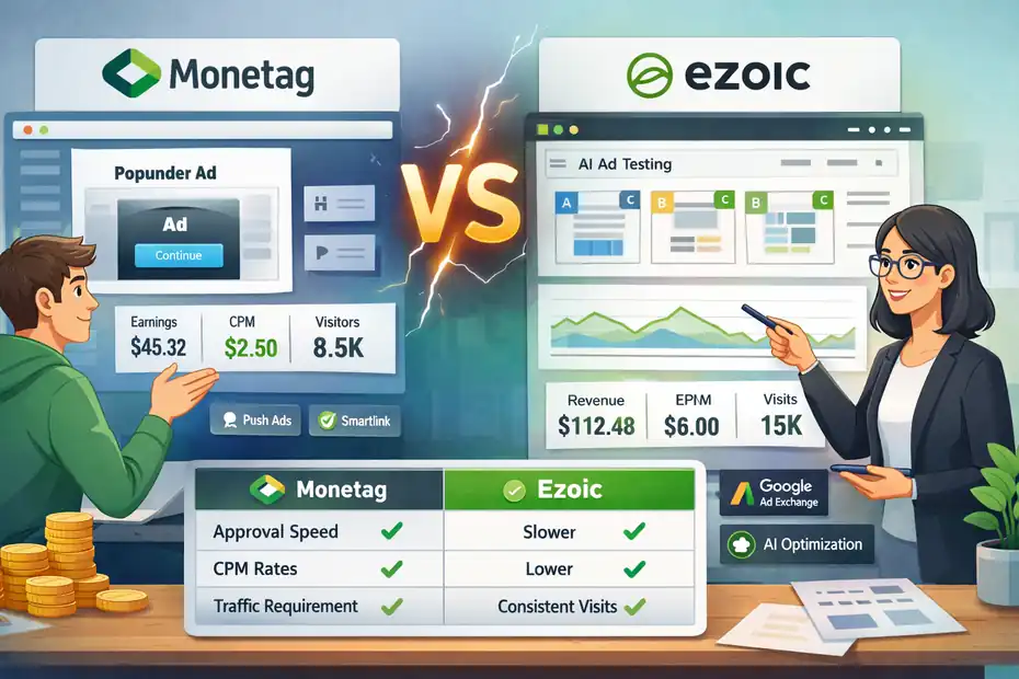 An informative illustration about Monetag Vs Ezoic For Small Websites: Best Ad Network Pick
