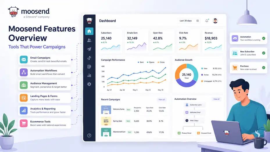 An informative illustration about Moosend Features Overview: Tools That Power Campaigns