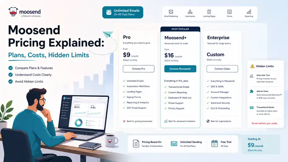An informative illustration about Moosend Pricing Explained: Plans, Costs, Hidden Limits