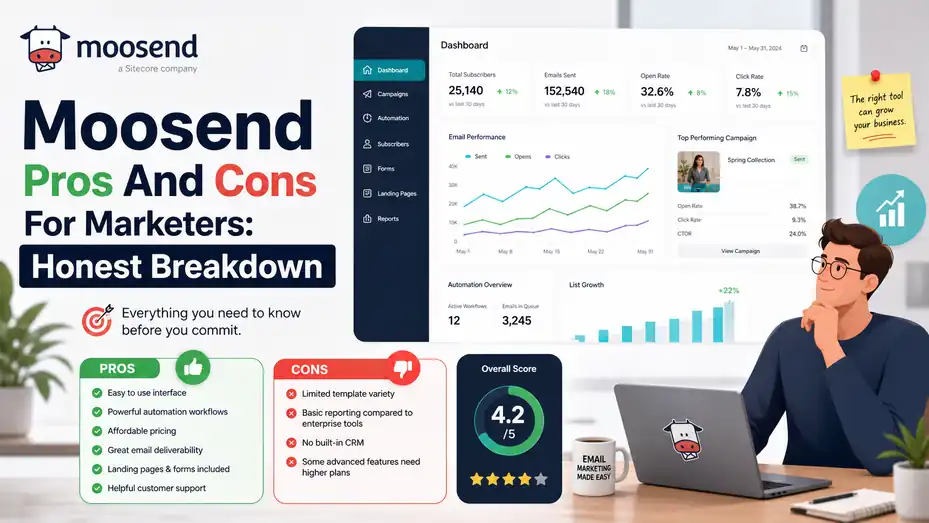 An informative illustration about Moosend Pros And Cons For Marketers: Honest Breakdown
