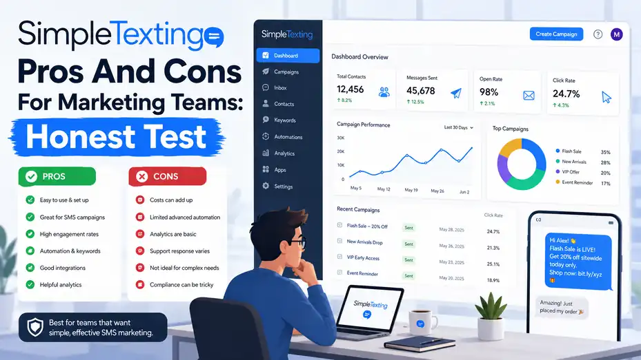 An informative illustration about SimpleTexting Pros And Cons For Marketing Teams: Honest Test