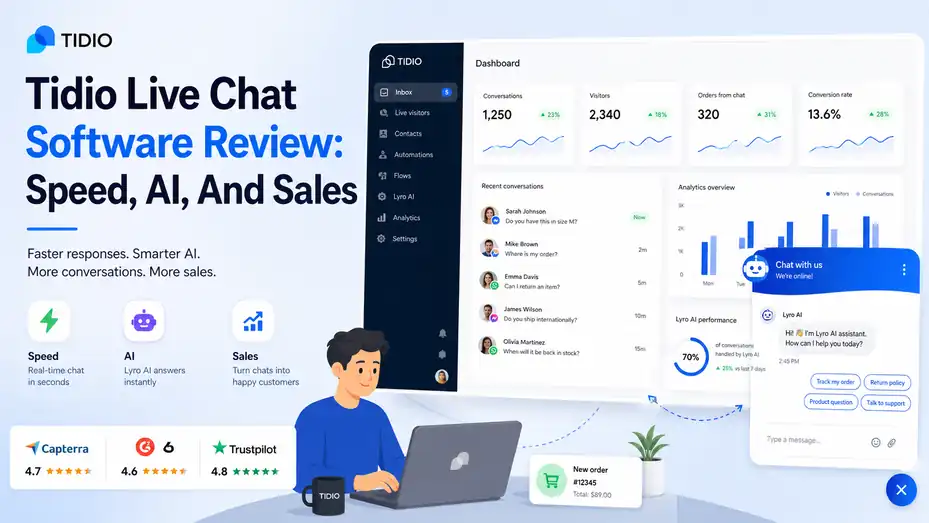 An informative illustration about Tidio Live Chat Software Review: Speed, AI, And Sales