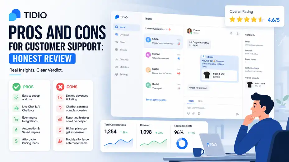 An informative illustration about Tidio Pros And Cons For Customer Support: Honest Review