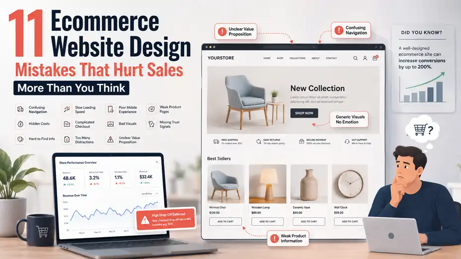 An informative illustration about 11 Ecommerce Website Design Mistakes That Hurt Sales More Than You Think