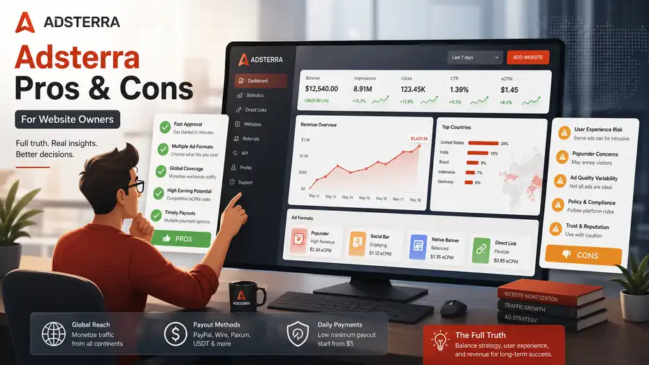 An informative illustration about Adsterra Pros And Cons For Website Owners: Full Truth
