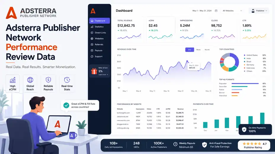 An informative illustration about Adsterra Publisher Network Performance Review Data