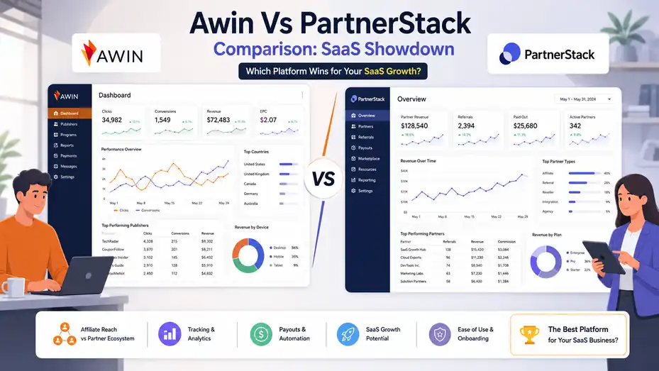 An informative illustration about Awin Vs PartnerStack Comparison: SaaS Showdown