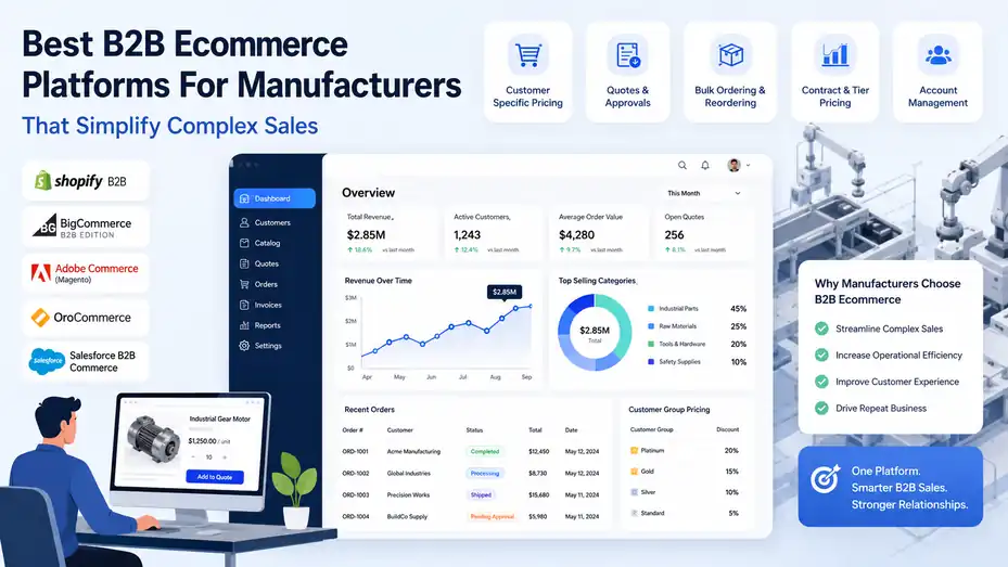 An informative illustration about Best B2B Ecommerce Platforms For Manufacturers That Simplify Complex Sales