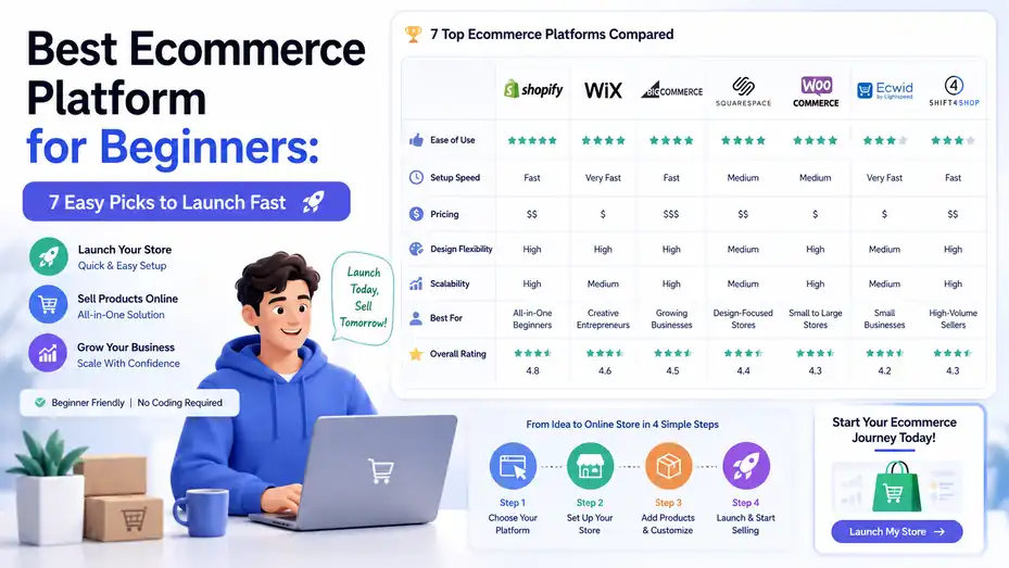 An informative illustration about Best Ecommerce Platform for Beginners 7 Easy Picks to Launch Fast