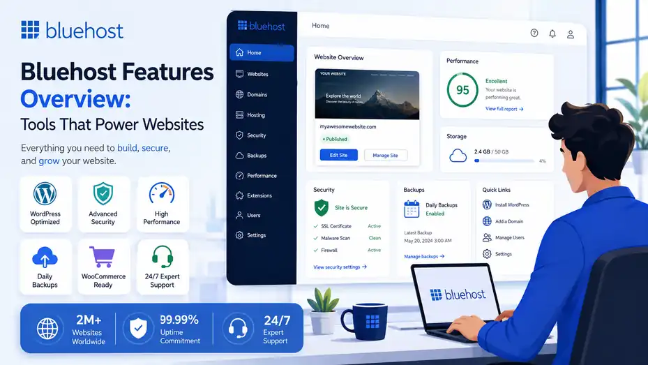 An informative illustration about Bluehost Features Overview: Tools That Power Websites