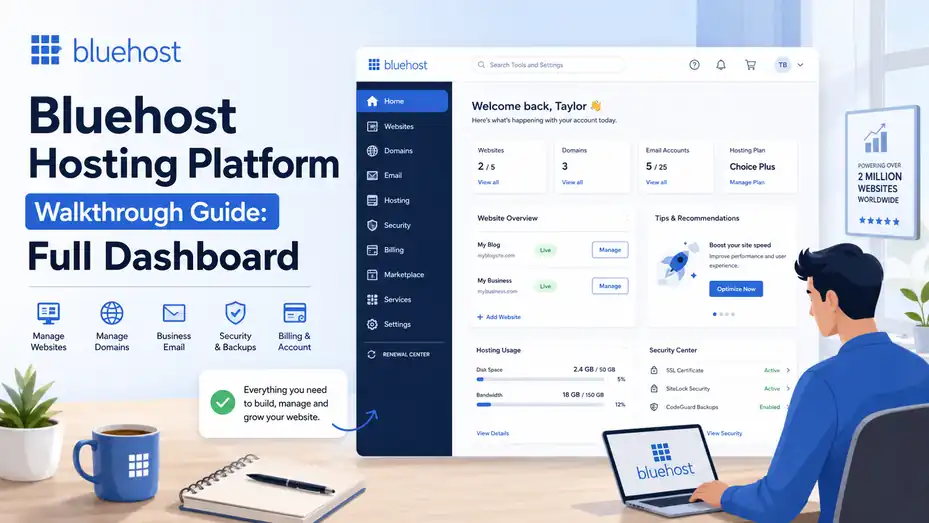 An informative illustration about Bluehost Hosting Platform Walkthrough Guide: Full Dashboard