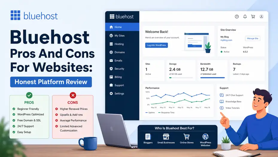 An informative illustration about Bluehost Pros And Cons For Websites: Honest Platform Review