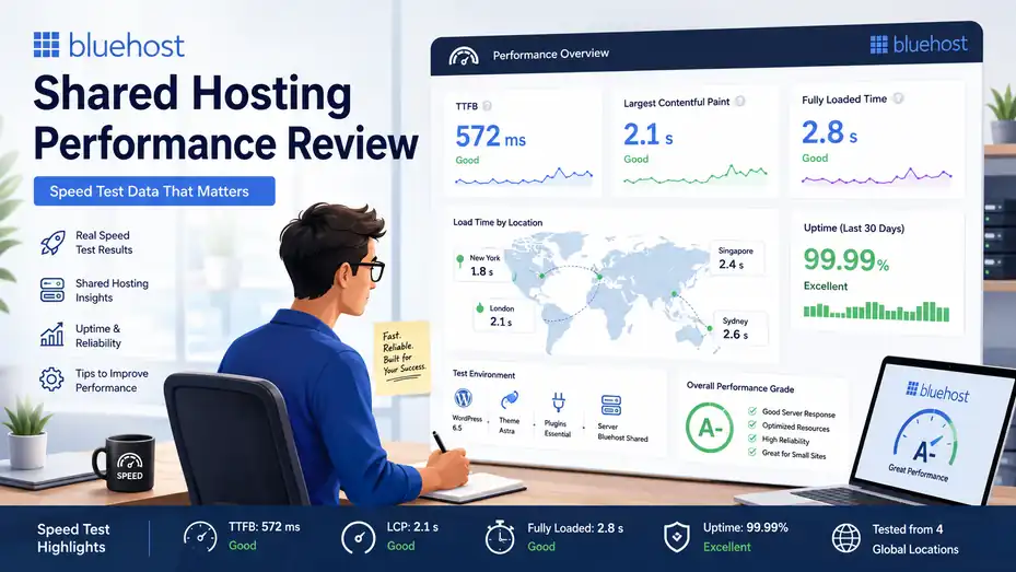An informative illustration about Bluehost Shared Hosting Performance Review: Speed Test Data