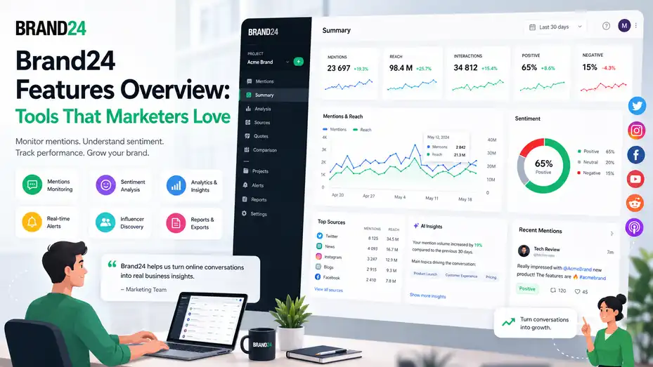 An informative illustration about Brand24 Features Overview: Tools That Marketers Love