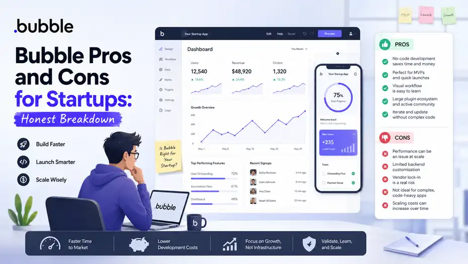 An informative illustration about Bubble Pros and Cons for Startups: Honest Breakdown