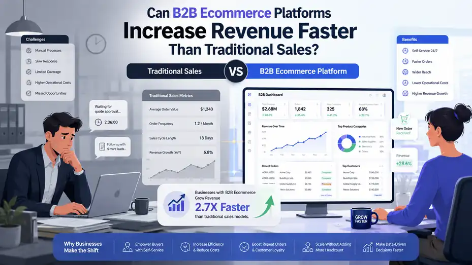 An informative illustration about Can B2B Ecommerce Platforms Increase Revenue Faster Than Traditional Sales?