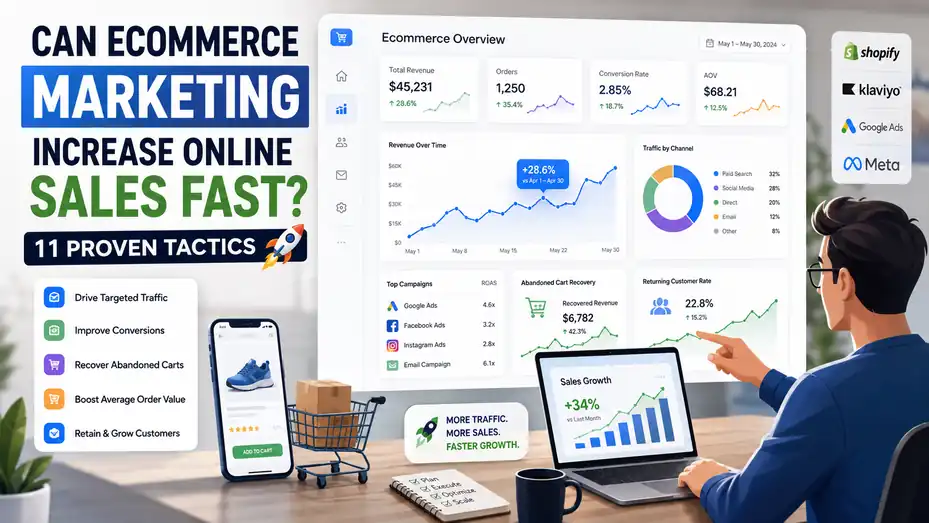 An informative illustration about Can Ecommerce Marketing Increase Online Sales Fast? 11 Proven Tactics
