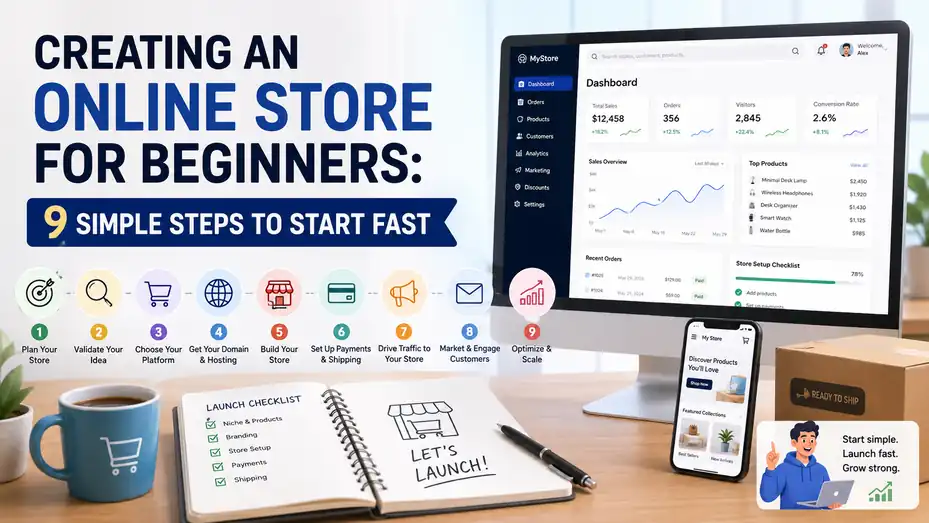 An informative illustration about Creating An Online Store For Beginners: 9 Simple Steps To Start Fast