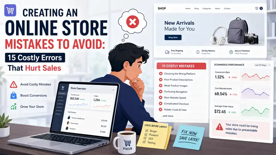 An informative illustration about Creating An Online Store Mistakes To Avoid: 15 Costly Errors That Hurt Sales