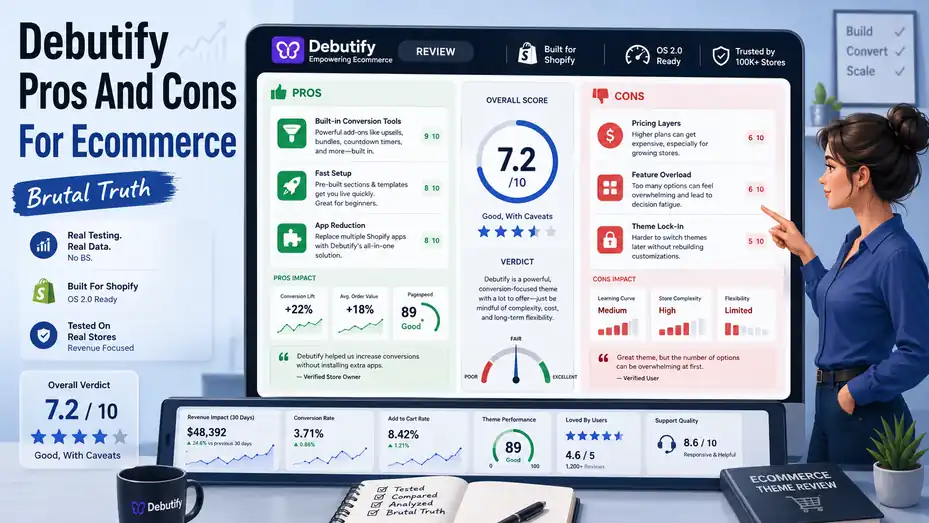 An informative illustration about Debutify Pros And Cons For Ecommerce: Brutal Truth