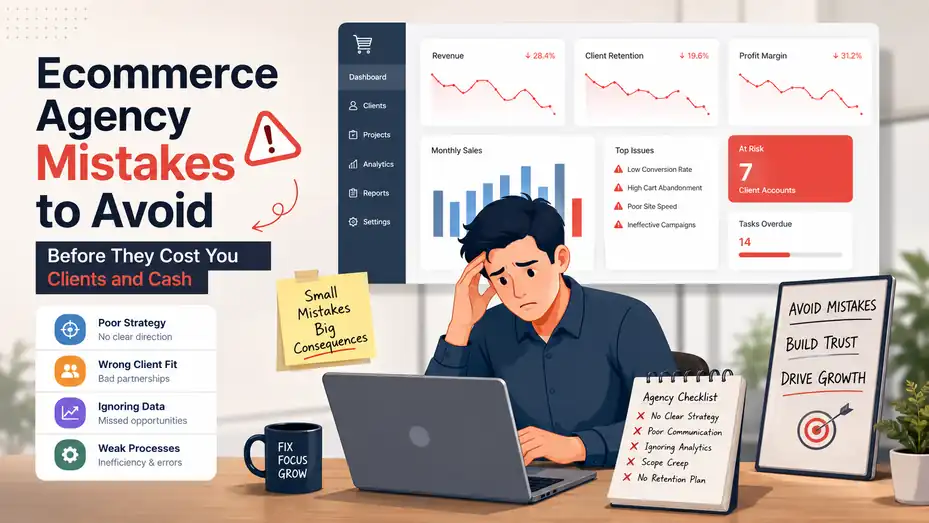An informative illustration about Ecommerce Agency Mistakes to Avoid Before They Cost You Clients and Cash