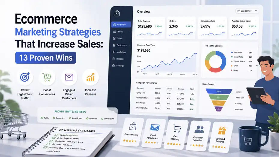 An informative illustration about Ecommerce Marketing Strategies That Increase Sales: 13 Proven Wins