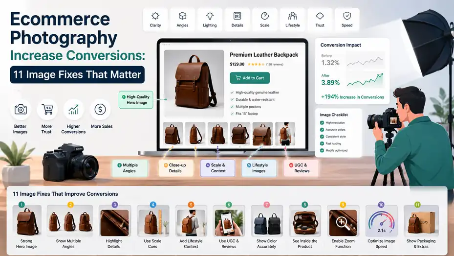 An informative illustration about Ecommerce Photography Increase Conversions: 11 Image Fixes That Matter