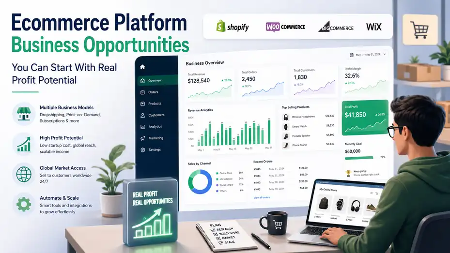 An informative illustration about Ecommerce Platform Business Opportunities You Can Start With Real Profit Potential