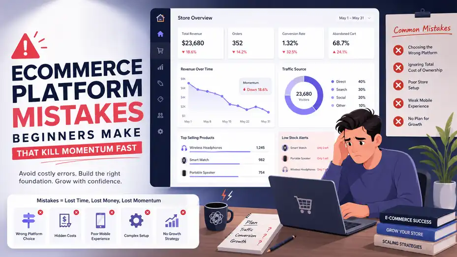 An informative illustration about Ecommerce Platform Mistakes Beginners Make That Kill Momentum Fast