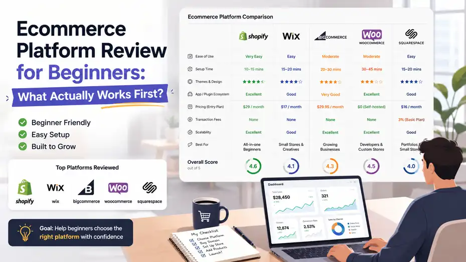 An informative illustration about Ecommerce Platform Review for Beginners: What Actually Works First?