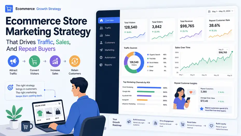 An informative illustration about Ecommerce Store Marketing Strategy That Drives Traffic, Sales, And Repeat Buyers