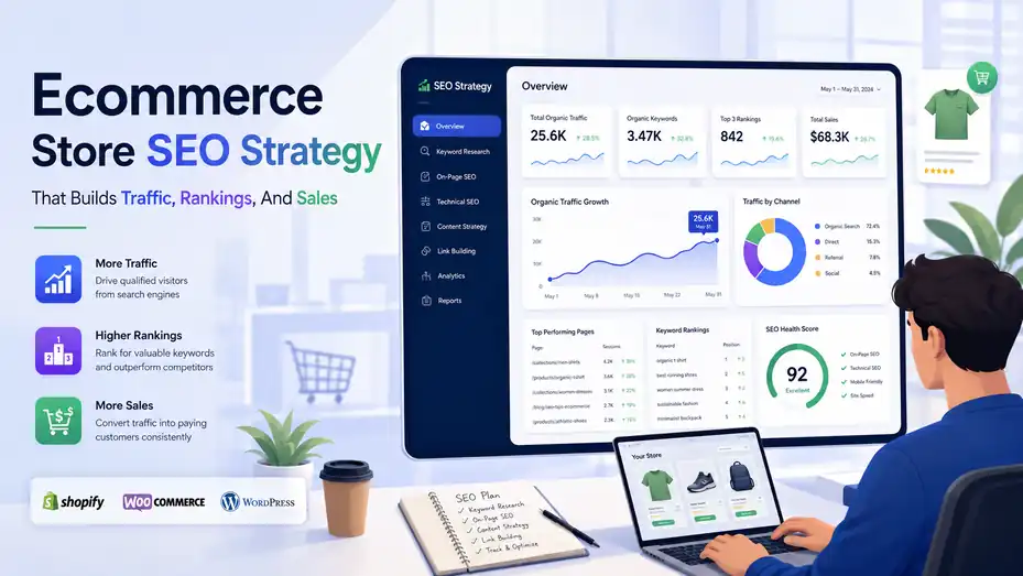 An informative illustration about Ecommerce Store SEO Strategy That Builds Traffic, Rankings, And Sales
