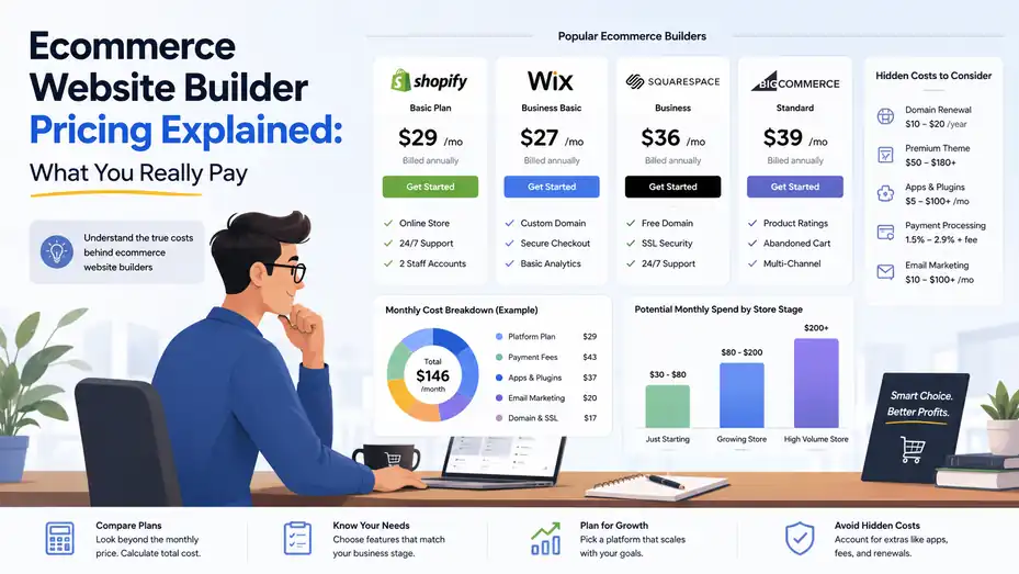 An informative illustration about Ecommerce Website Builder Pricing Explained: What You Really Pay