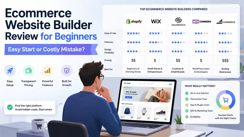 An informative illustration about Ecommerce Website Builder Review for Beginners Easy Start or Costly Mistake