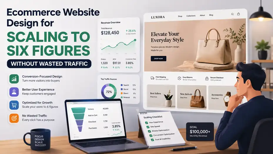 An informative illustration about Ecommerce Website Design for Scaling to Six Figures Without Wasted Traffic