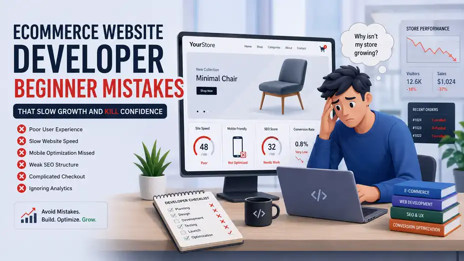 An informative illustration about Ecommerce Website Developer Beginner Mistakes That Slow Growth And Kill Confidence